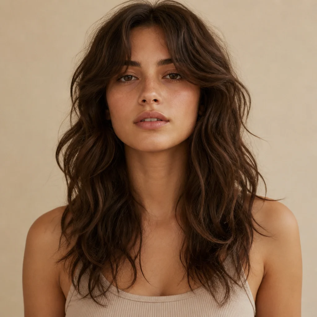 Front-facing air-dried soft long shag with natural undone waves in medium brown and a relaxed matte texture