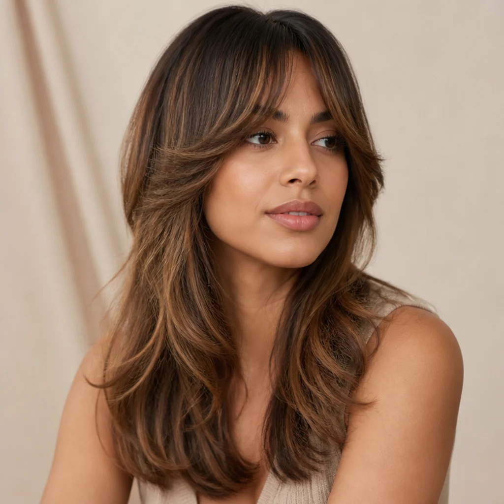 Woman with a soft long shag haircut and curtain bangs, wavy caramel layers falling past the shoulders, three-quarter studio angle