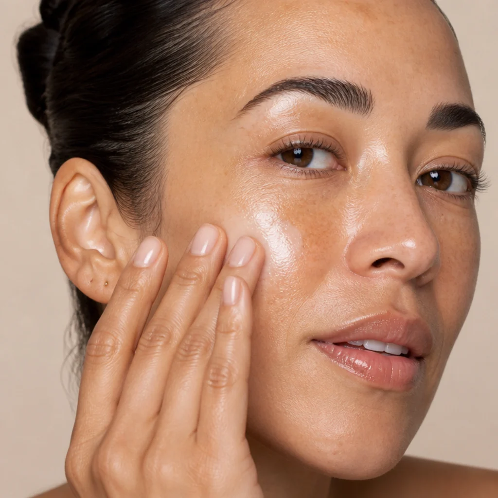 Close-up of a model pressing hydrating radiance primer with fingertips across the cheeks to prep skin for warm 70s glam makeup