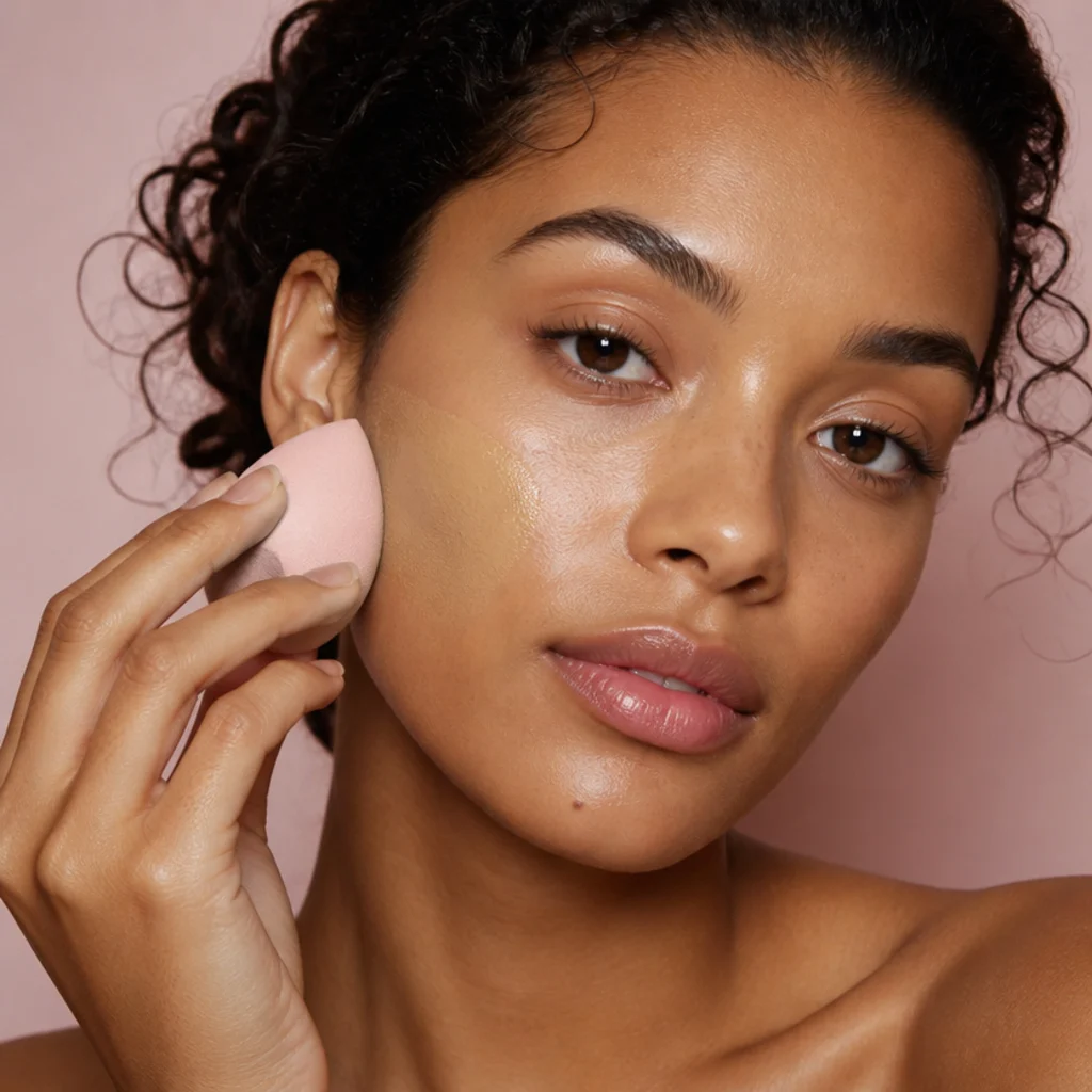 Model blending a glowy serum foundation with a damp sponge to create a satin skin base for retro disco makeup