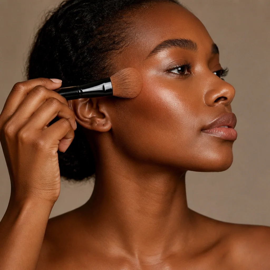 Side profile of a model sweeping warm cream bronzer along the cheekbones and temples for a sun-kissed 70s glow
