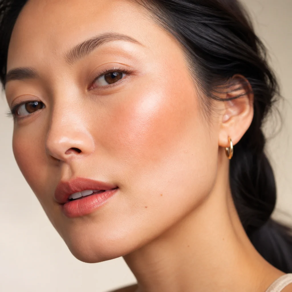 Close-up of peach cream blush blended high on the apples and cheekbones for a warm flushed disco finish