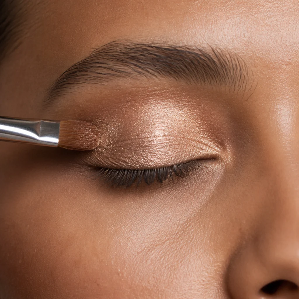 Macro shot of a warm gold shimmer wash patted across a primed eyelid for luminous 70s eye makeup