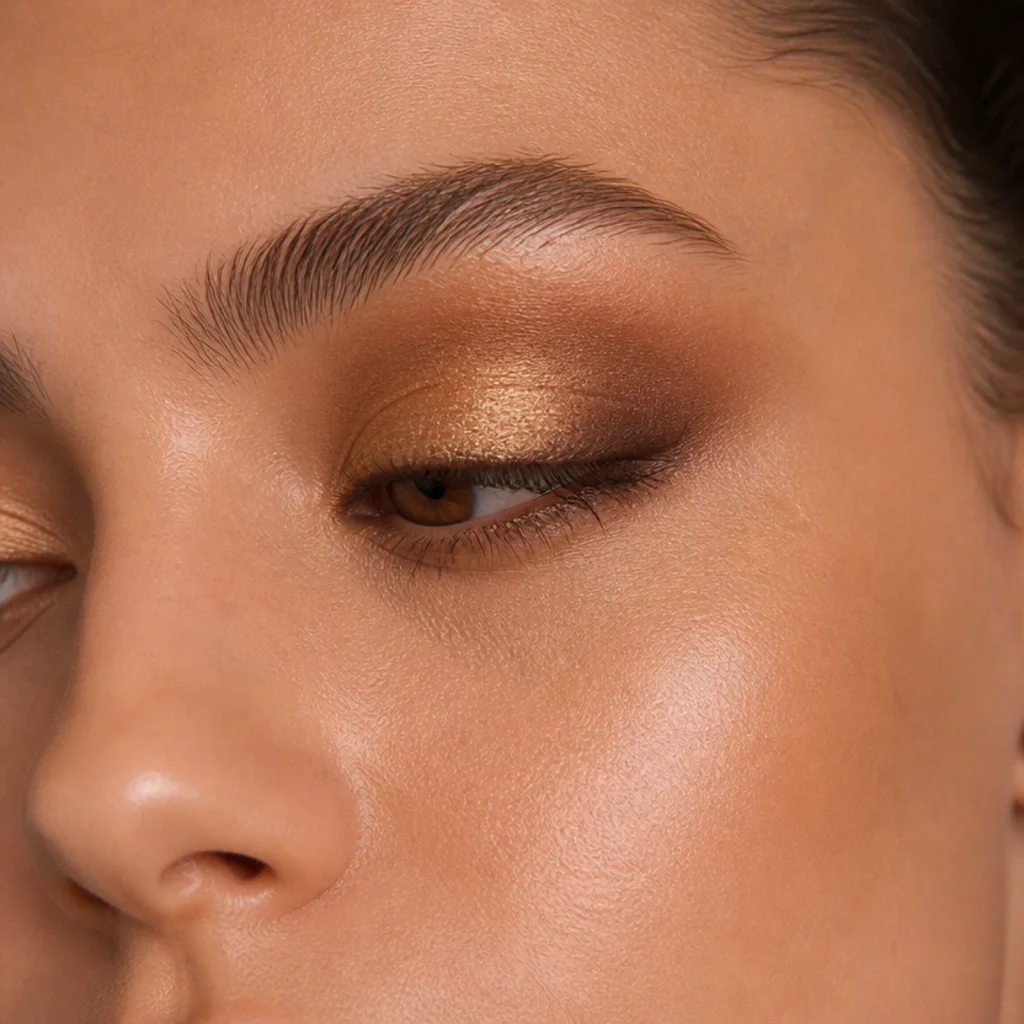 Angled view of a warm chestnut shadow blended into the crease to add depth for retro glam eyes
