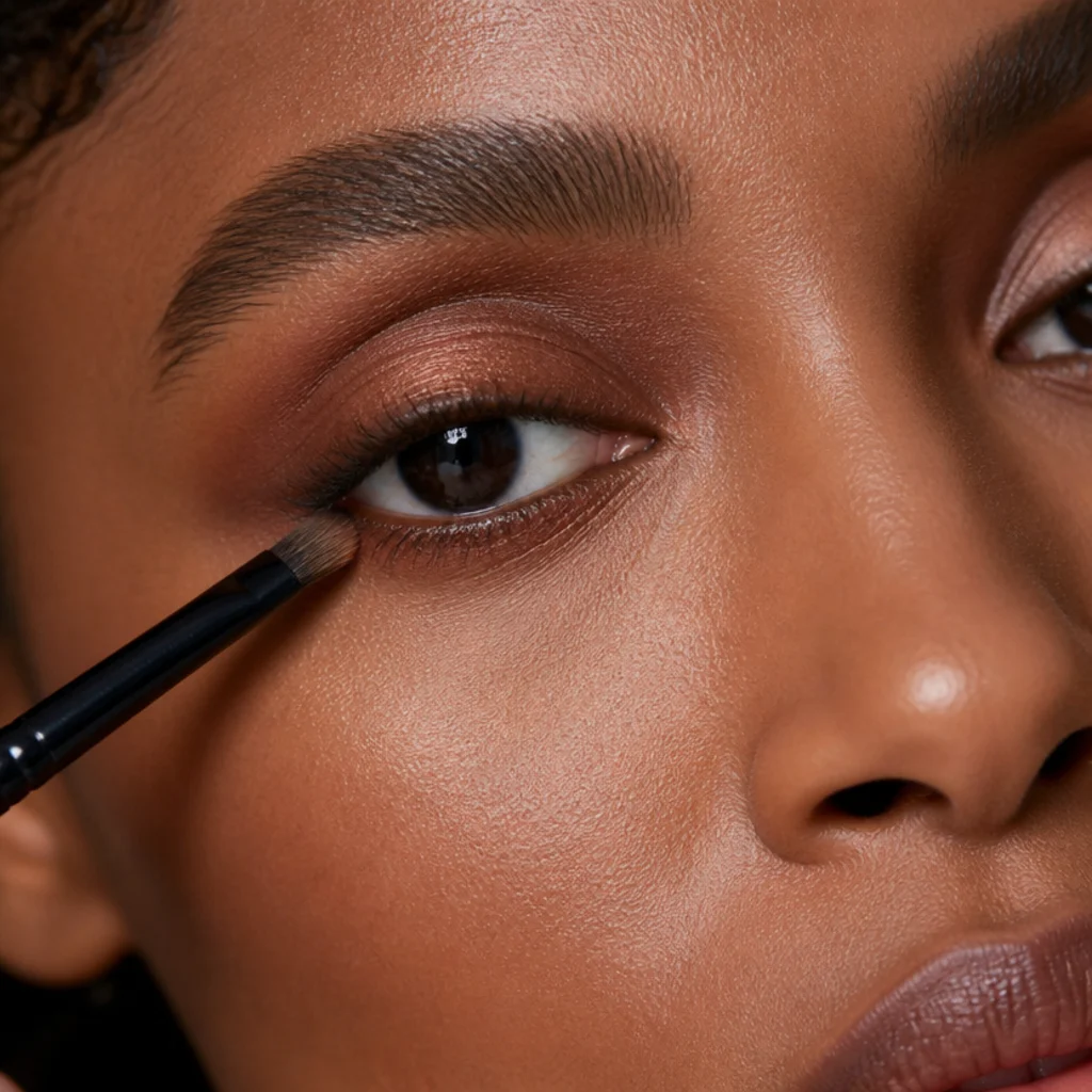 Detailed view of warm bronze shadow smudged along the lower lash line to frame the eye for 70s makeup