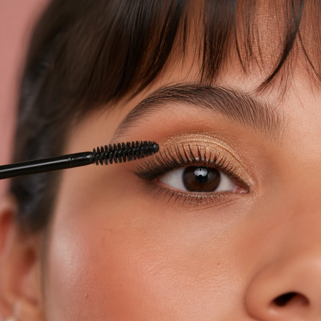 Macro image of a mascara wand feathering long separated lashes for a fluttery disco eye