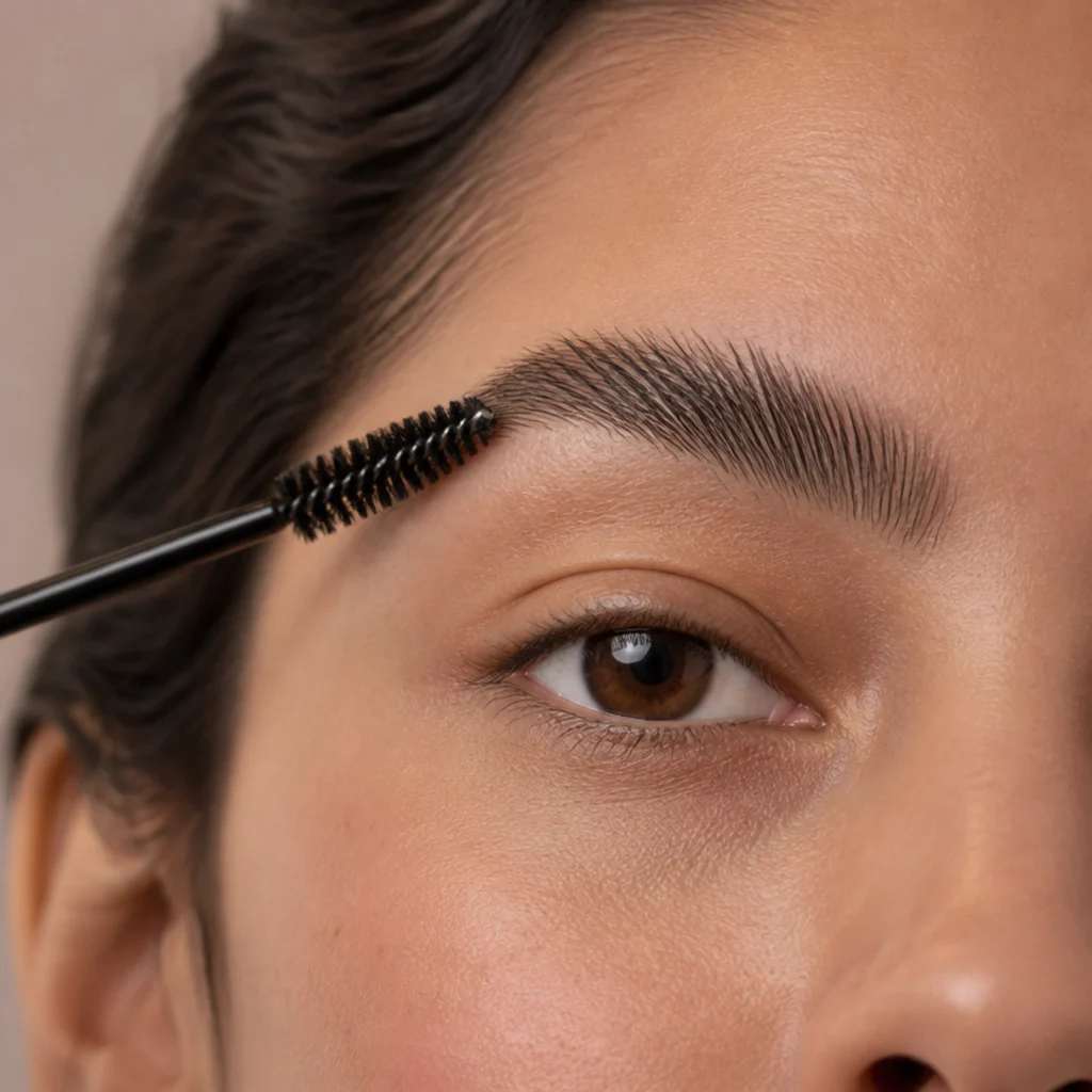 Close-up of a spoolie brushing full natural brows upward, softly defined for 70s makeup and hair harmony