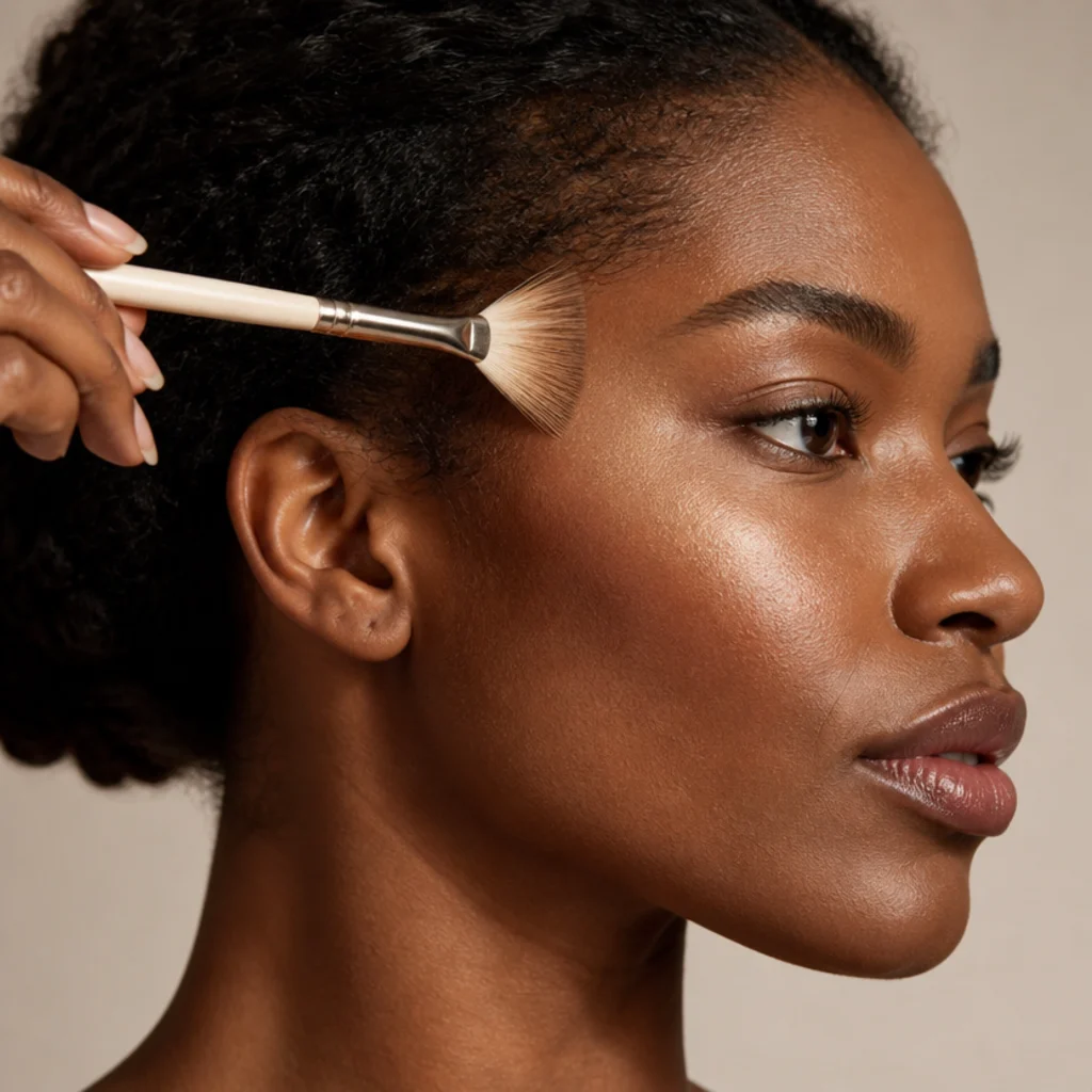 Side view of a warm gold highlighter being tapped onto the cheekbone and brow bone for luminous disco skin