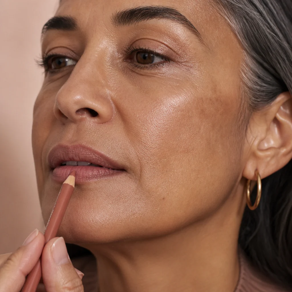 Close-up of a warm nude-rose lip liner shaping the lips before a glossy 70s disco finish