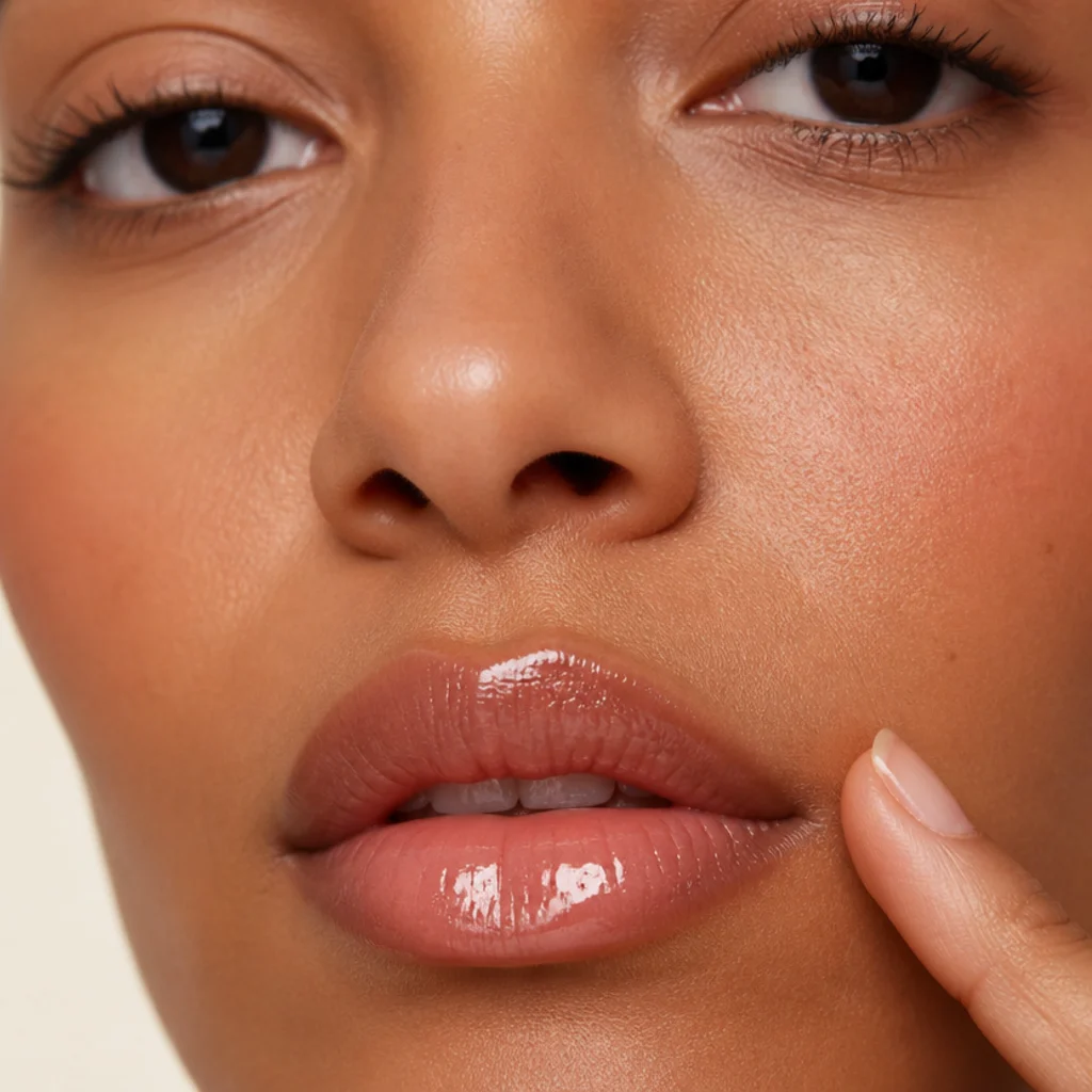 Macro shot of clear high-shine gloss dabbed onto the center of the lower lip for a plump disco pout