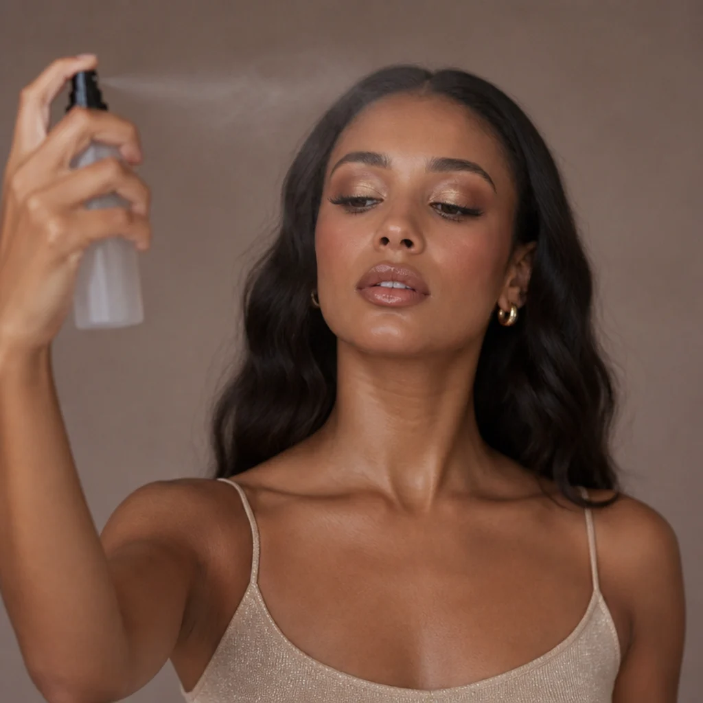 Front-facing portrait of a model misting luminous setting spray over finished bronzed 70s disco makeup with a dewy glow