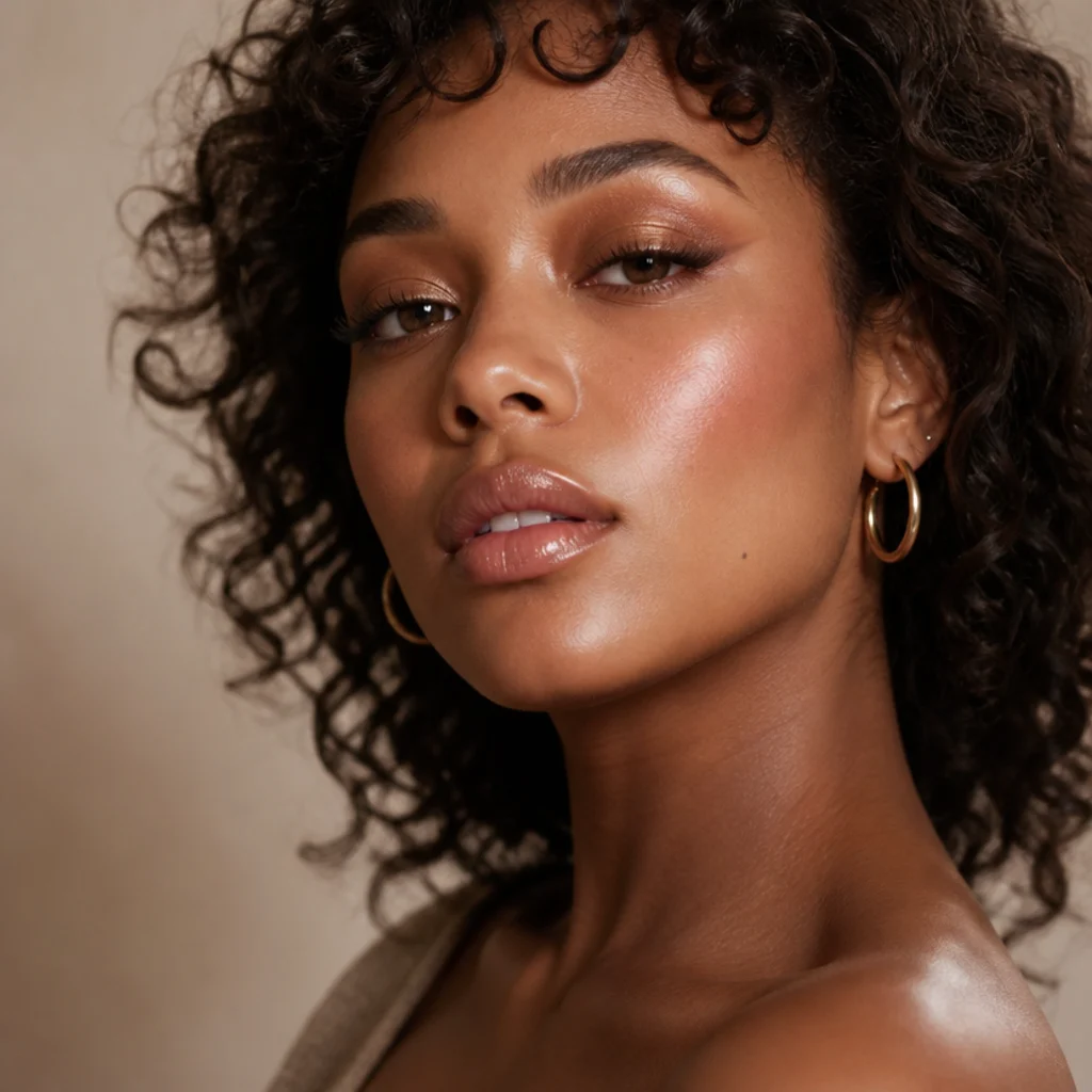 Three-quarter portrait of a model wearing bronzed 70s disco makeup with copper eyeshadow, feathered lashes, and glossy peach lips under soft studio light