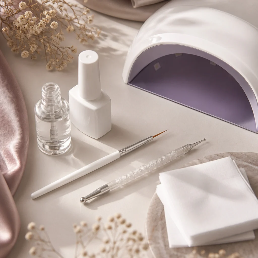 Flat lay of blooming gel bottle, white gel polish, detail brushes, dotting tool, and a UV lamp arranged on an ivory surface