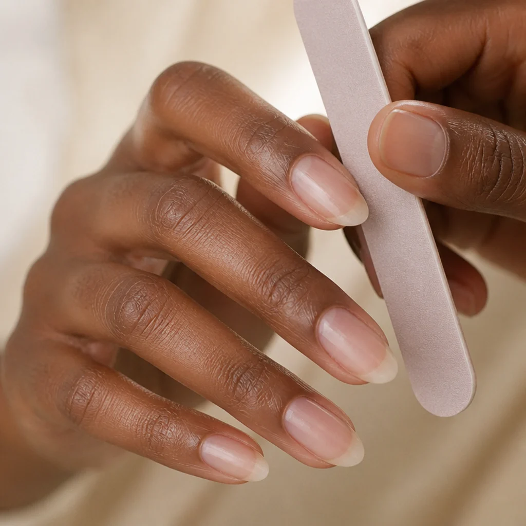 Natural nails being shaped into a soft almond form with a 180-grit file, cuticles gently pushed back on clean hands
