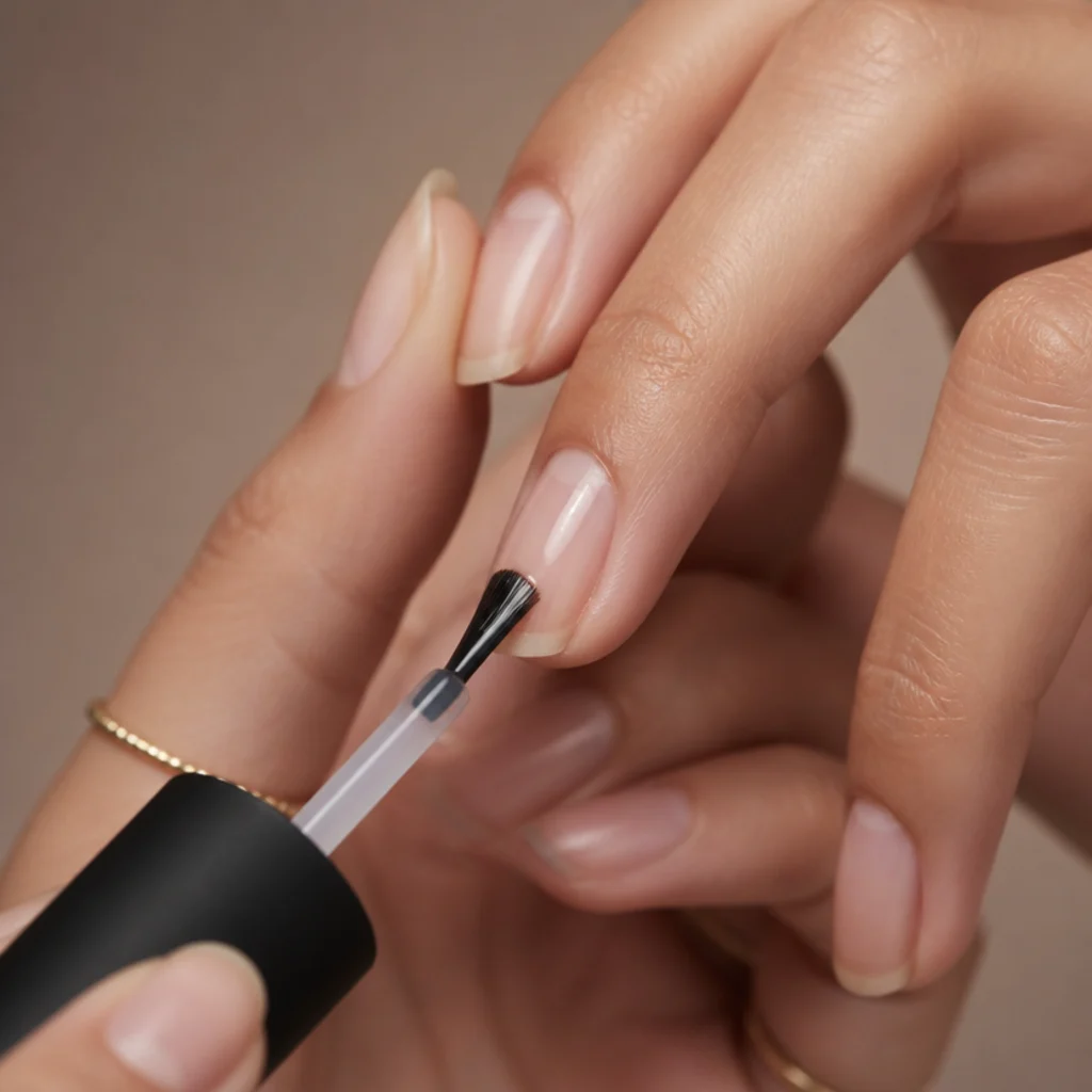 Thin gel base coat brushed across a prepped nail, capping the free edge before curing under a lamp