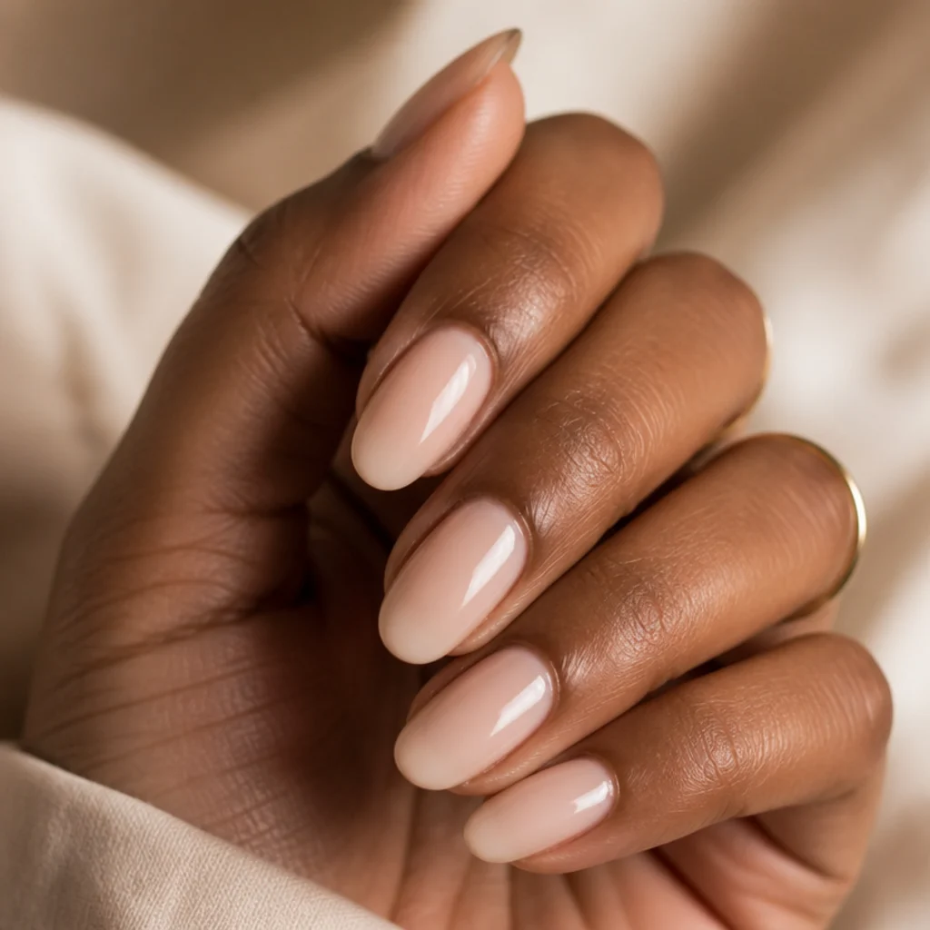 Sheer nude gel base color applied over nails in thin coats to create a soft canvas for blooming art