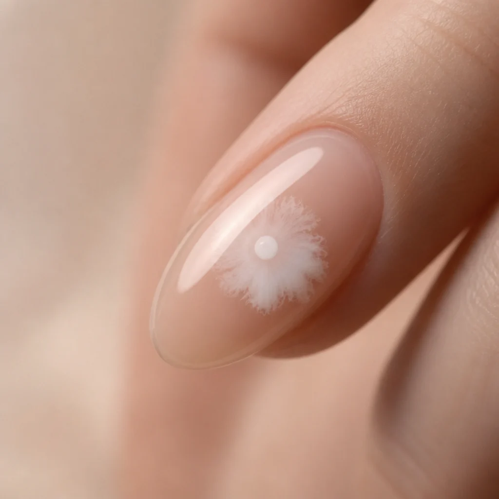 Close macro showing a single drop of white pigment beginning to feather outward through a clear uncured gel film