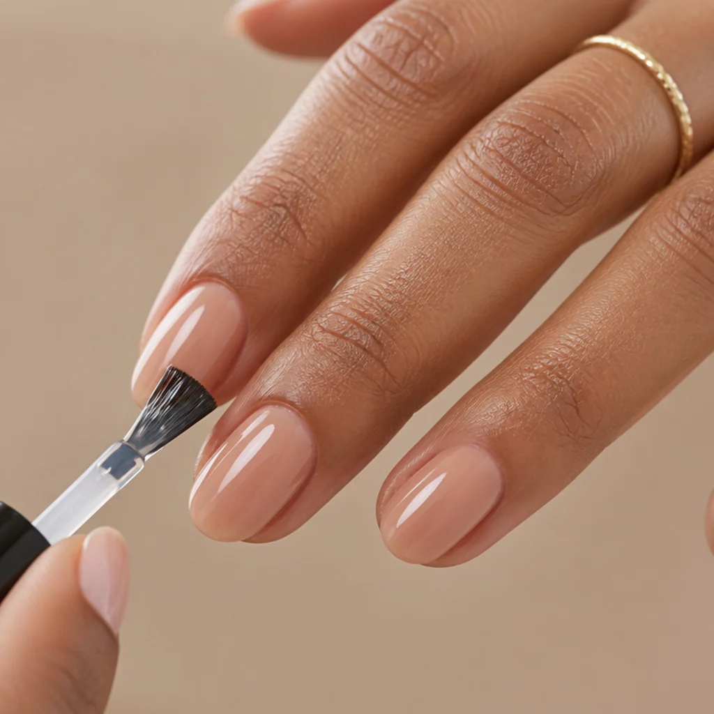 Clear blooming gel brushed in a thin even coat across a nude nail, left uncured for pigment to travel