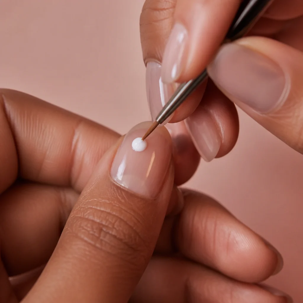 Fine liner brush dotting concentrated white gel pigment onto a wet blooming gel surface