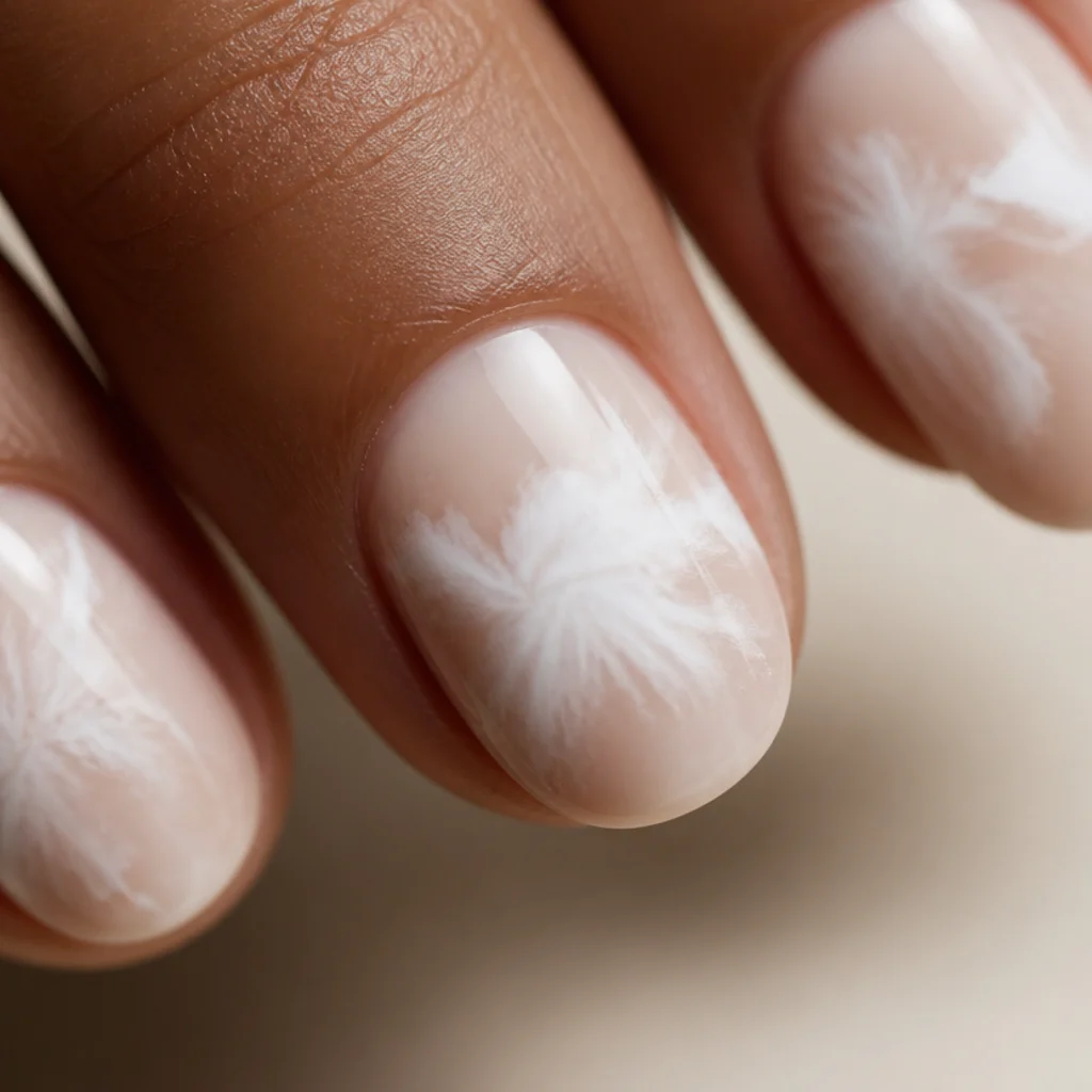 White pigment visibly feathering outward into a soft cloud halo across a nude nail