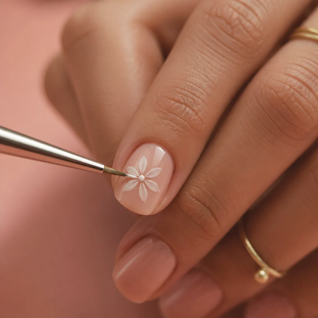 Clean fine brush lightly steering spreading white pigment into a defined five-petal floral shape