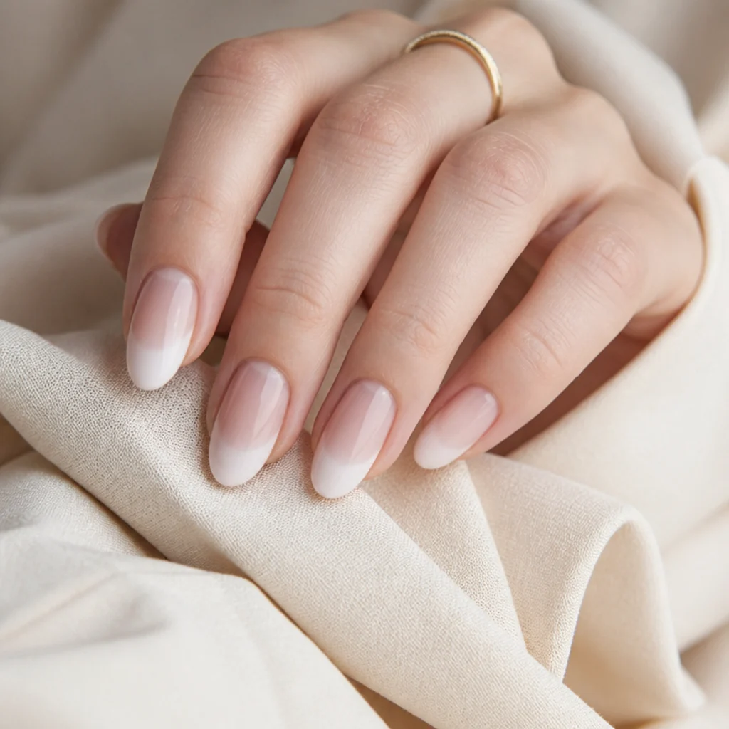Soft white blooming gel french tip fading from the free edge down into a nude nail with no hard smile line