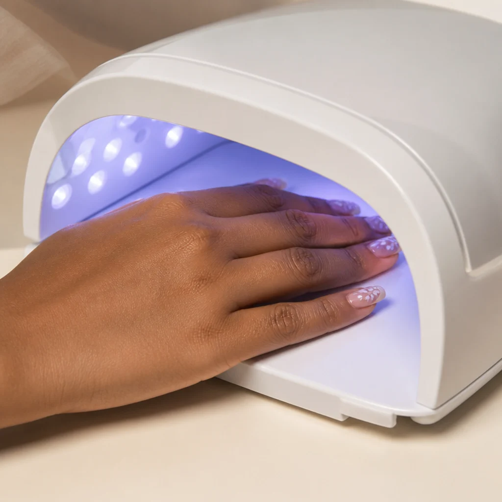 Completed white bloomed nails placed flat and centered under a UV lamp to set the design fully