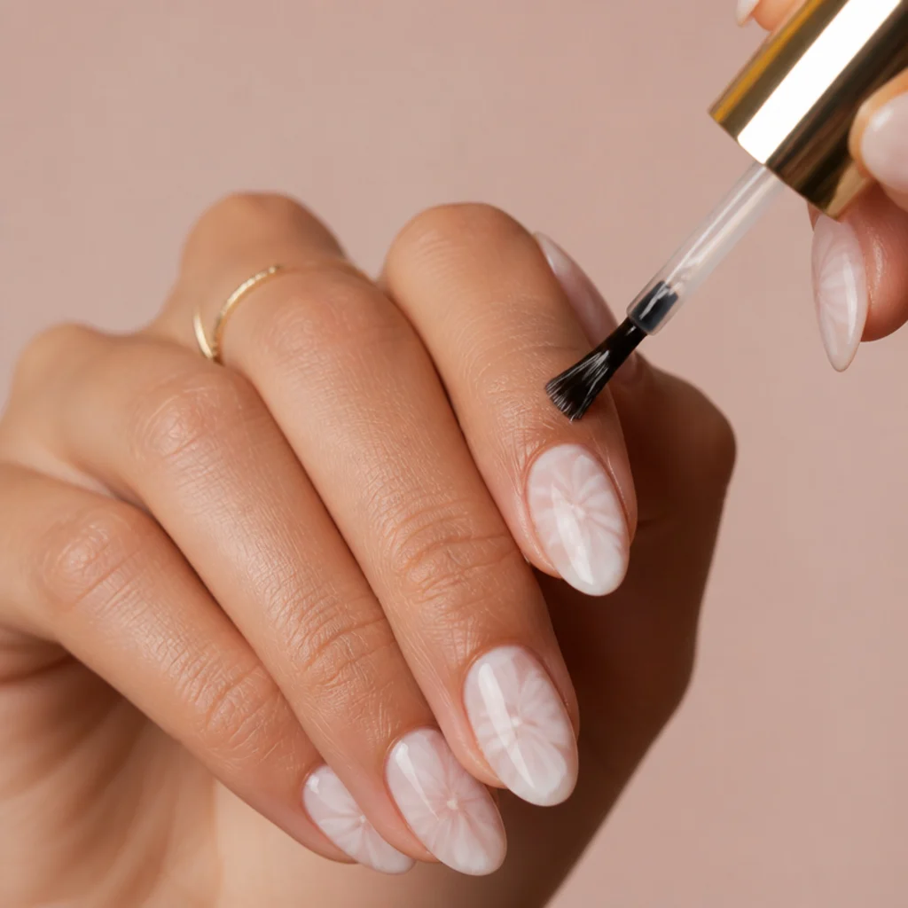 Glossy no-wipe top coat brushed over a finished white blooming gel design for a glassy watercolor shine