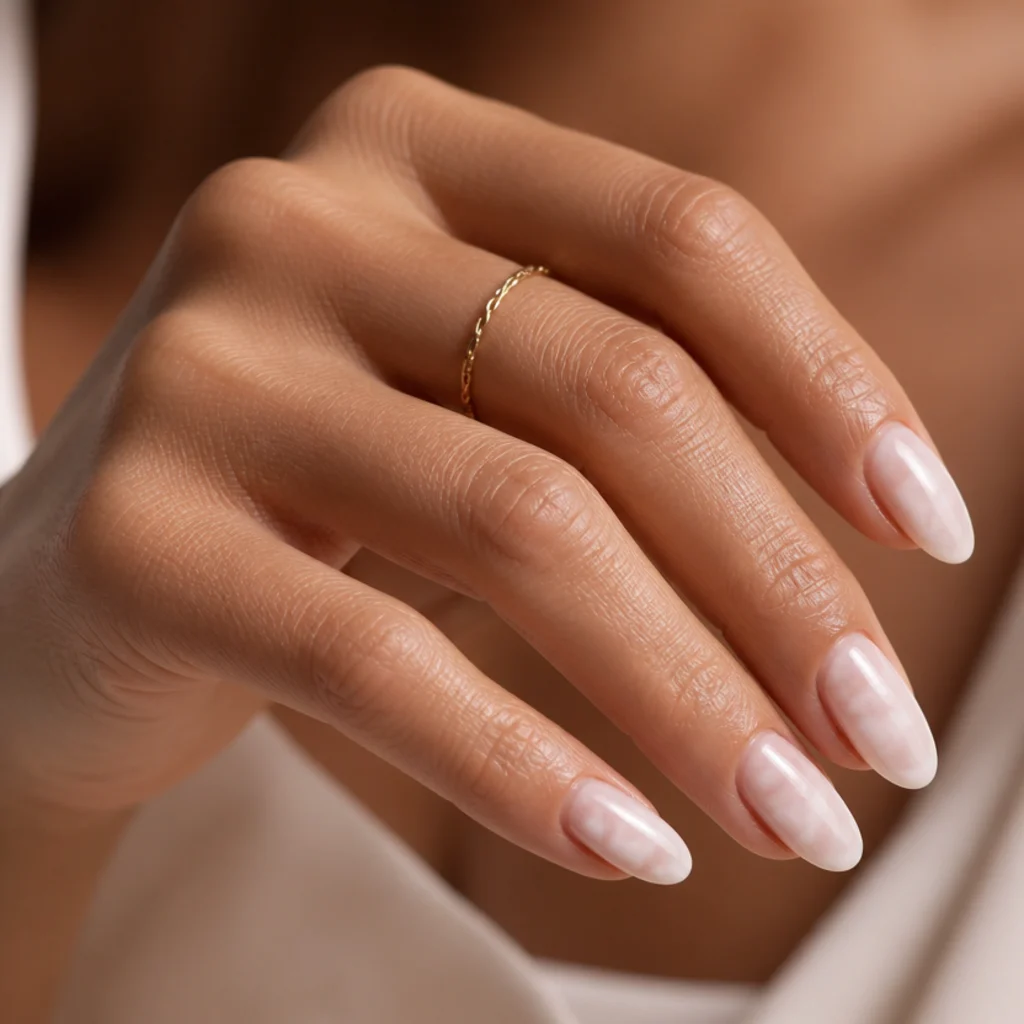 Manicured almond nails with soft white blooming gel spread over a nude base, shot in editorial macro