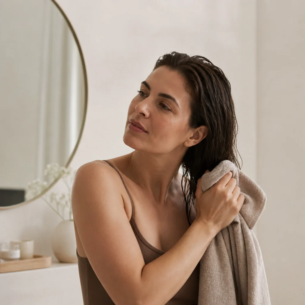 Woman towel-drying freshly washed dark hair at a clean vanity, damp strands catching soft window light