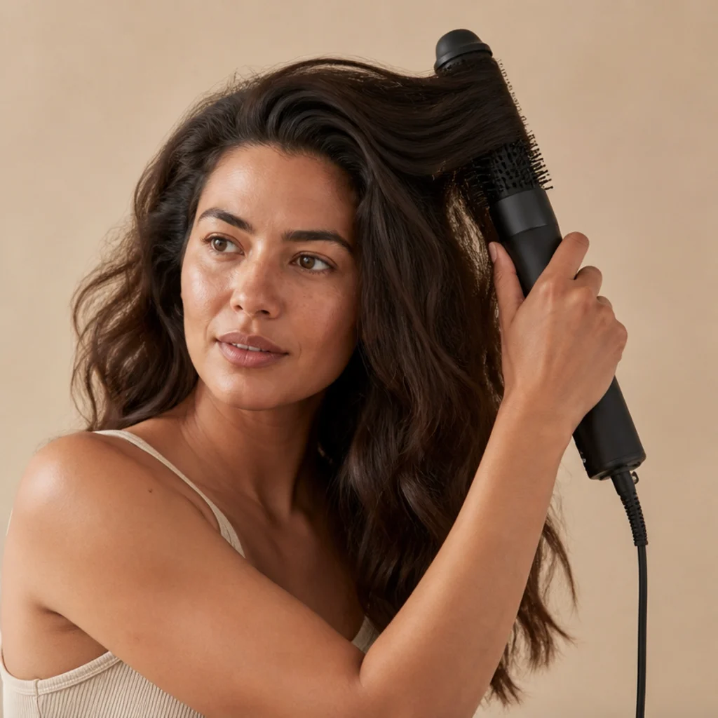 Person rough-drying hair with a generic premium styler, hair lifted at the roots for volume