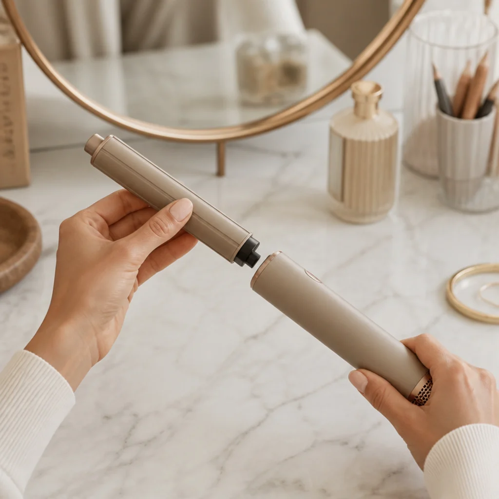 Hand clicking a smooth cylindrical curling barrel onto a generic premium multi-styler on a marble vanity