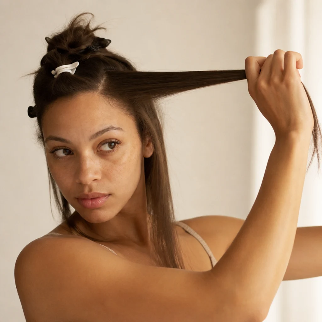 Woman lifting a smooth, combed section of hair away from the rest, ready to style, warm ivory backdrop