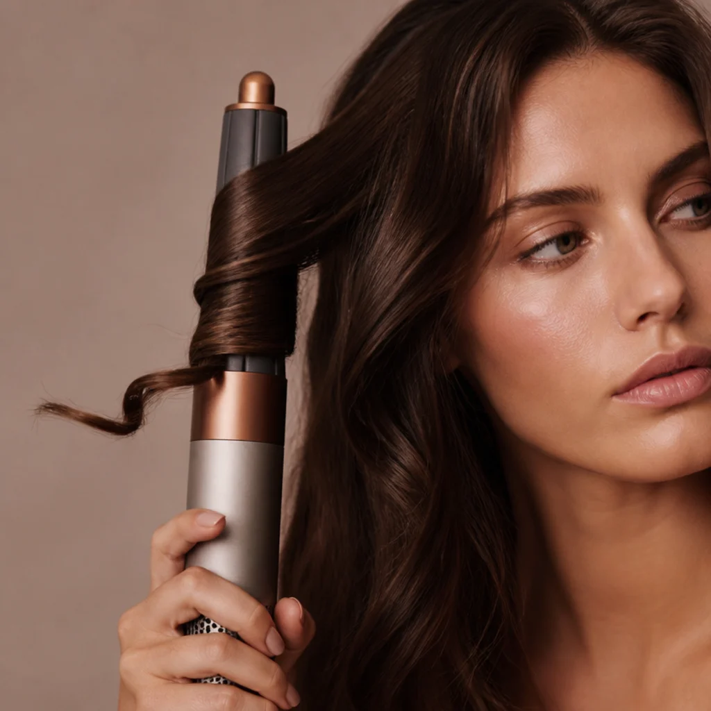 Hair spiraling around a barrel as airflow draws the ends into a smooth curl, generic styler, taupe background