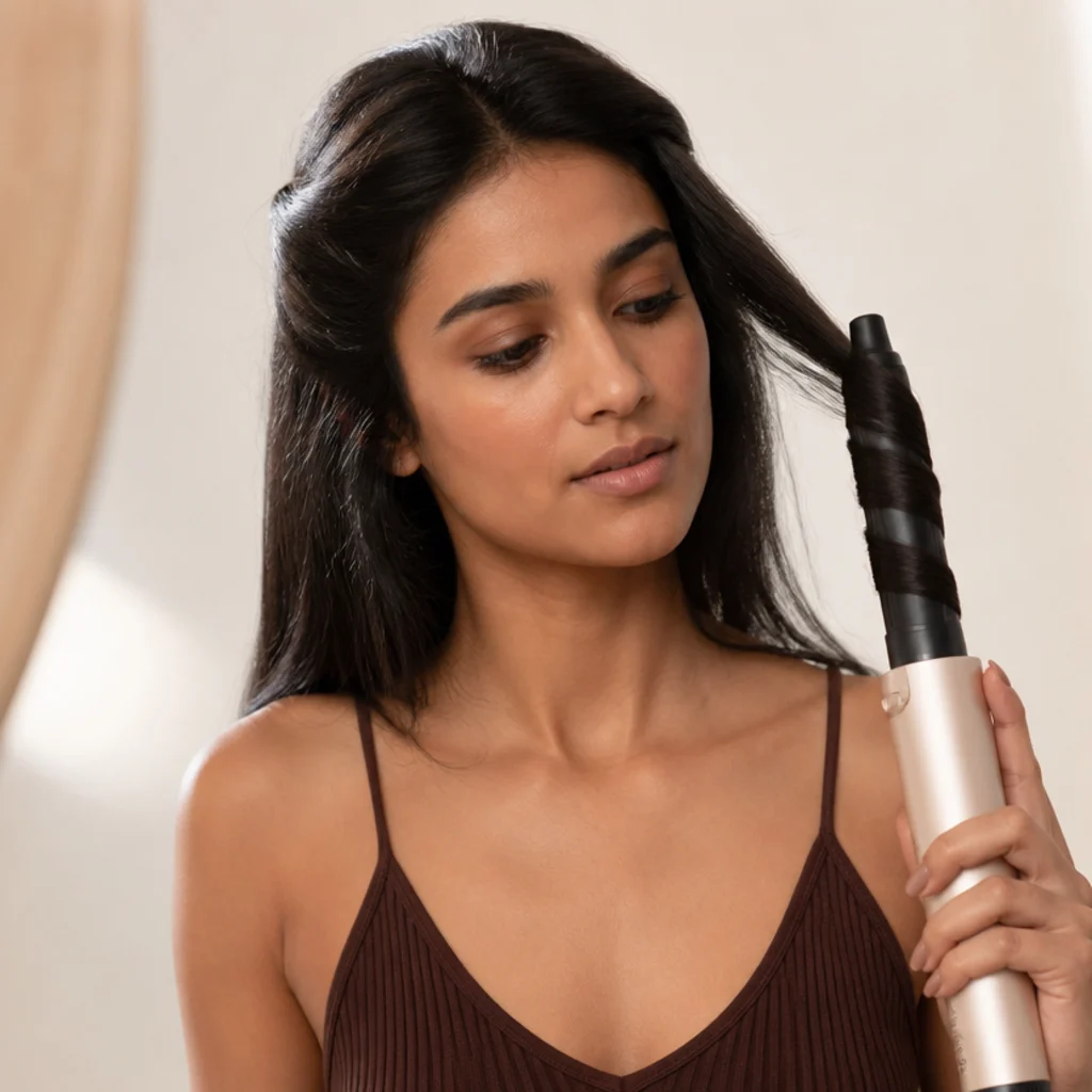 Woman holding a wrapped section in place, eyes calm, counting the set time, soft diffused studio light