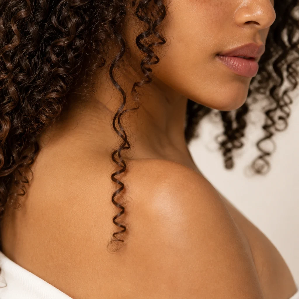 Freshly released spiral curl falling against a woman's shoulder, defined and springy, warm ivory studio