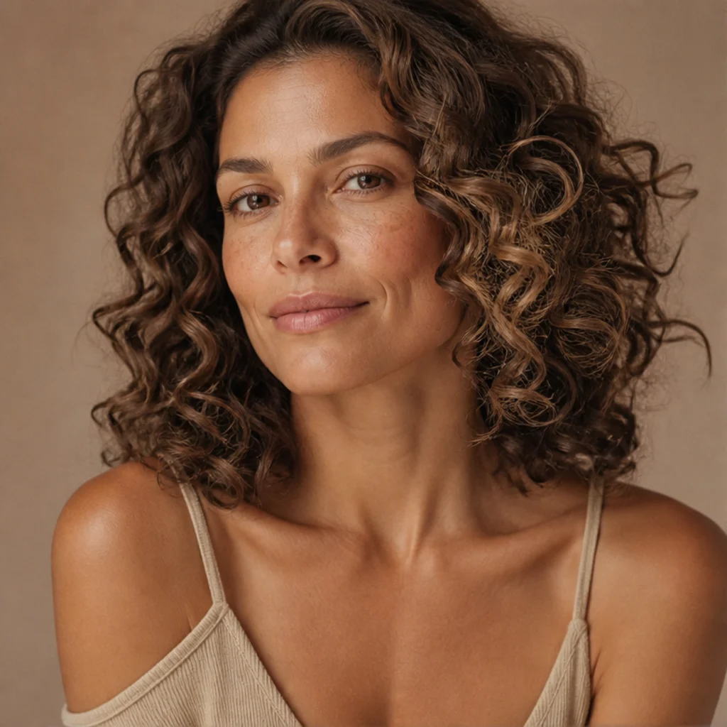 Woman styling with alternating curl directions, hair showing a mix of natural-looking waves, taupe backdrop