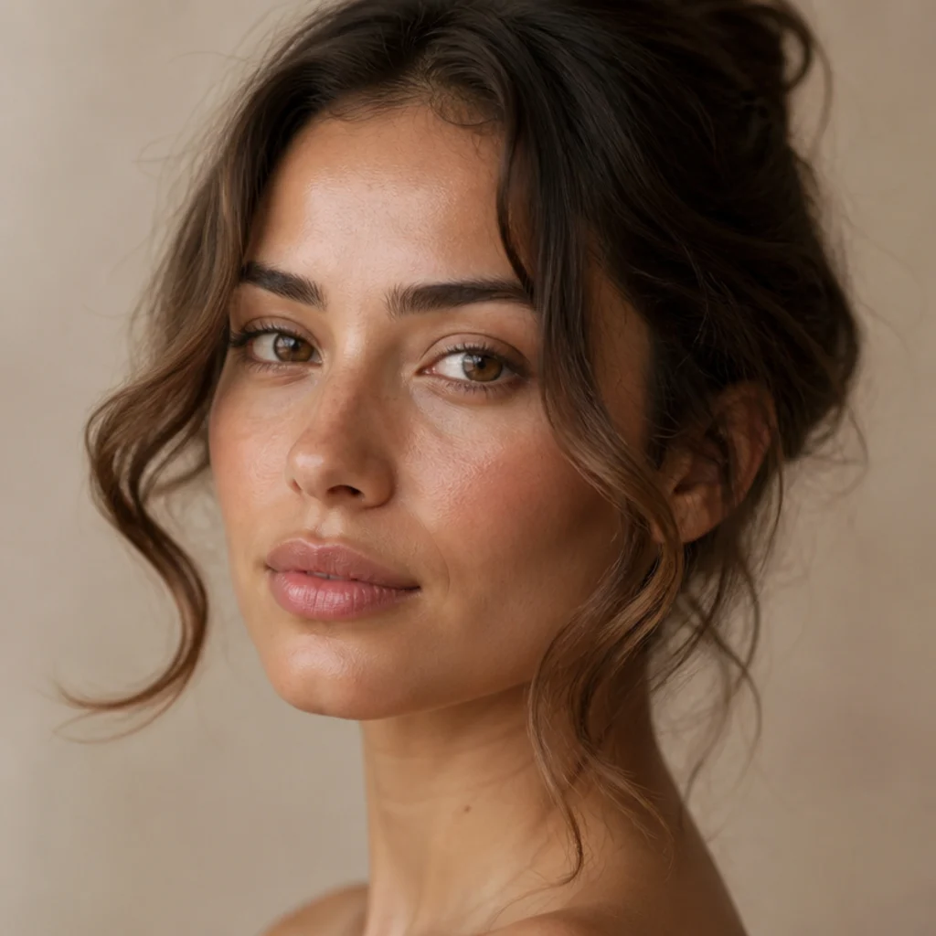 Close-up of soft curtain-style curls framing a woman's face, curved away from the cheekbones, blush light