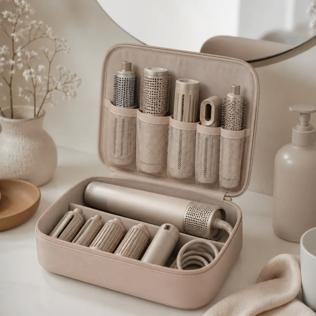 Neatly organized styling tools and barrels in a fabric case on a tidy vanity, soft blush background