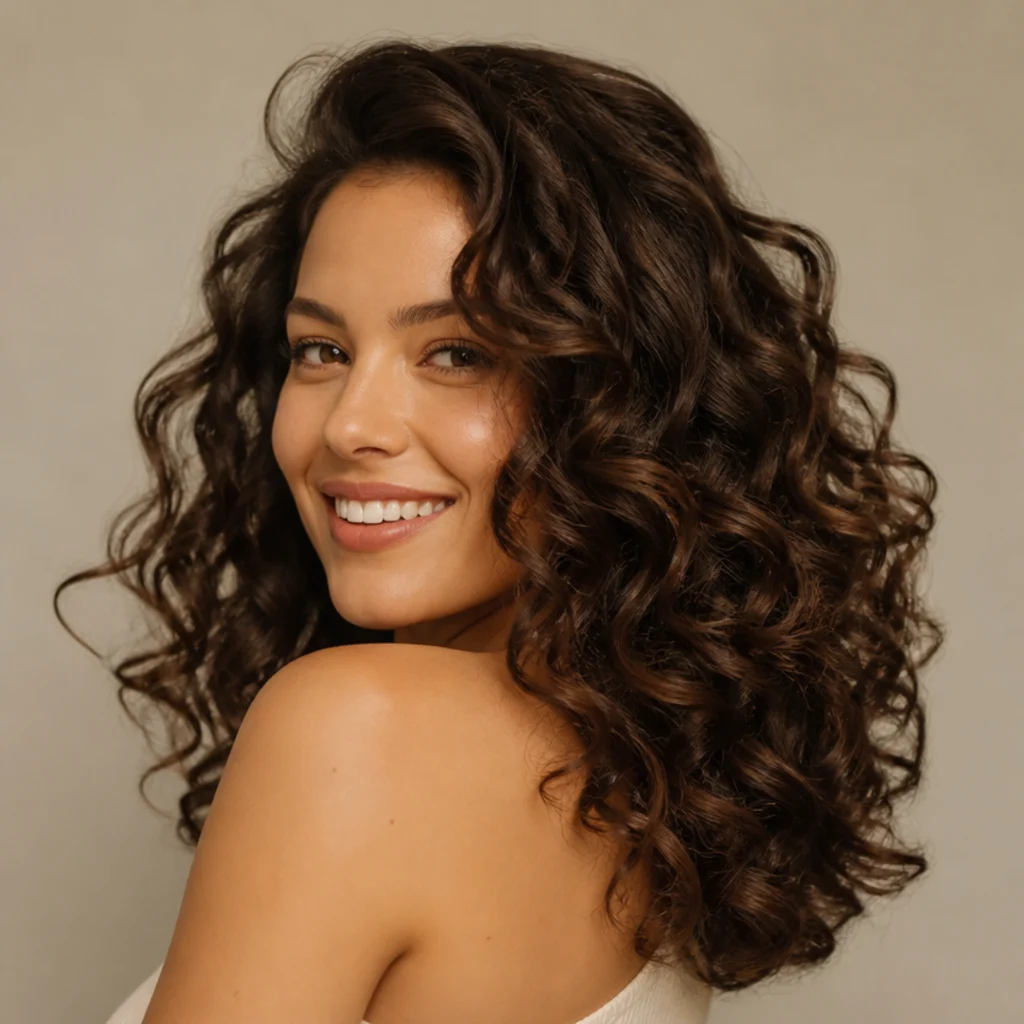 Smiling woman with voluminous chestnut curls styled into soft, glossy waves against a warm ivory studio backdrop