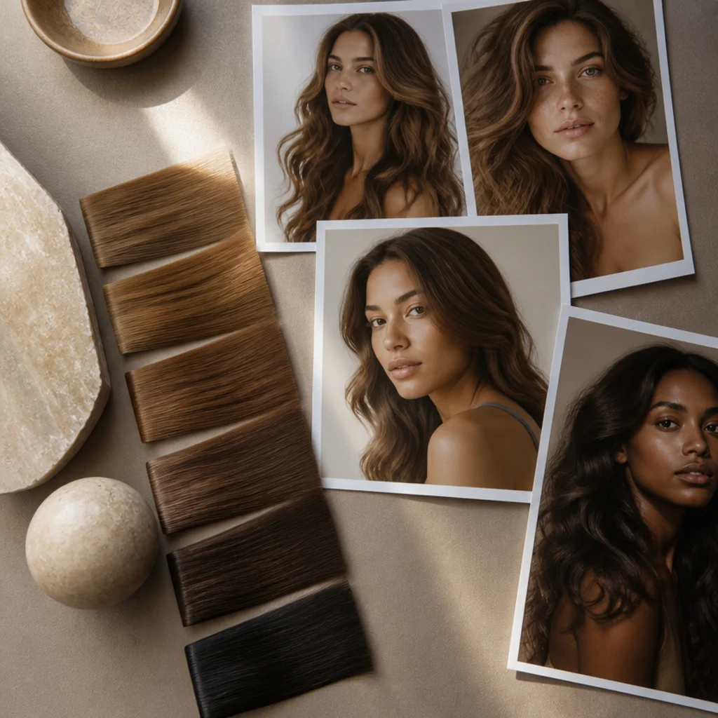 Mood board of warm dimensional brunette swatches from bronze to espresso laid on a taupe surface