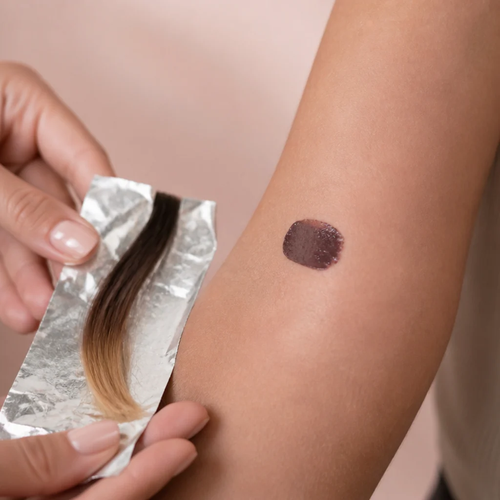 Small hair strand test clipped to foil beside a patch test on inner forearm