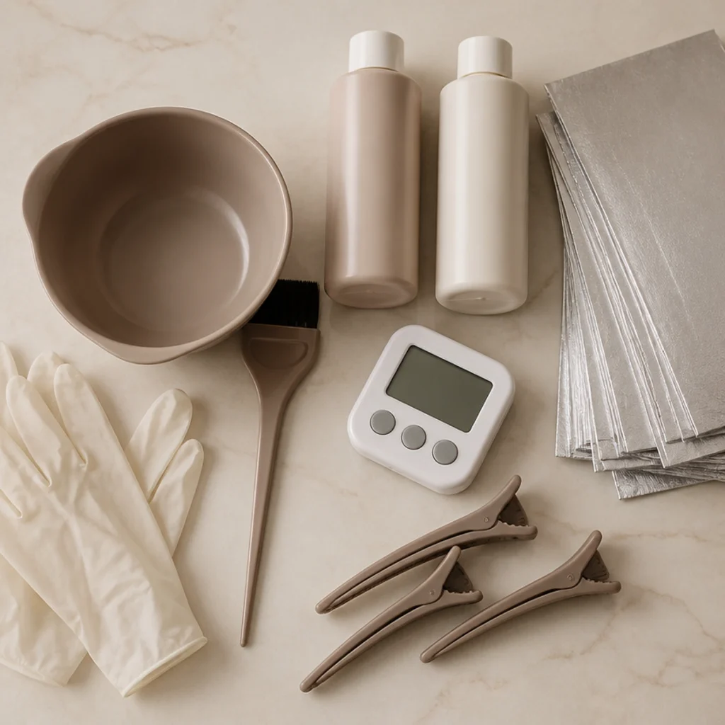 Flat lay of tint brush, bowl, foils, clips, gloves, and toner on a clean counter