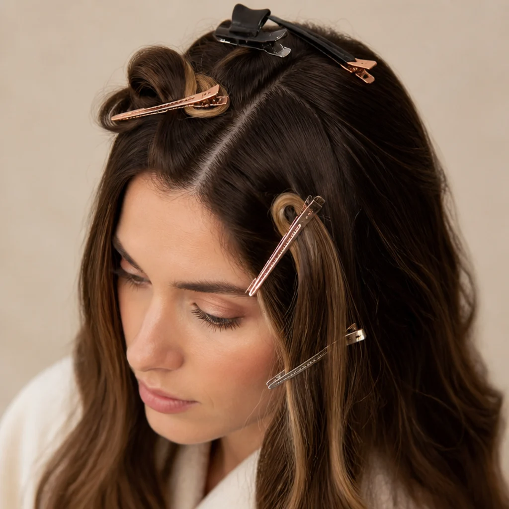Diagram-style parting showing highlight placement zones marked with clips on brunette hair