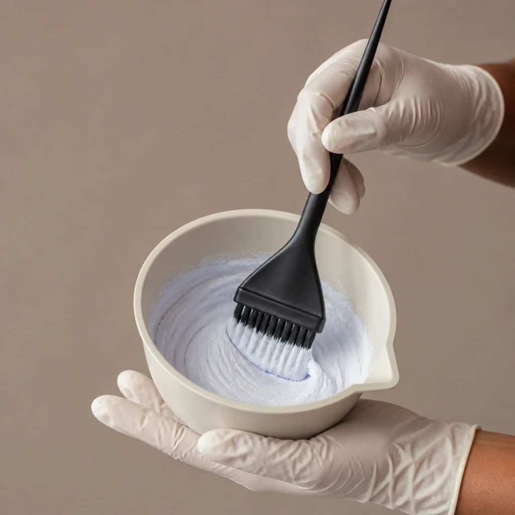 Gloved hands whisking lightener and developer to a smooth consistency in a tint bowl