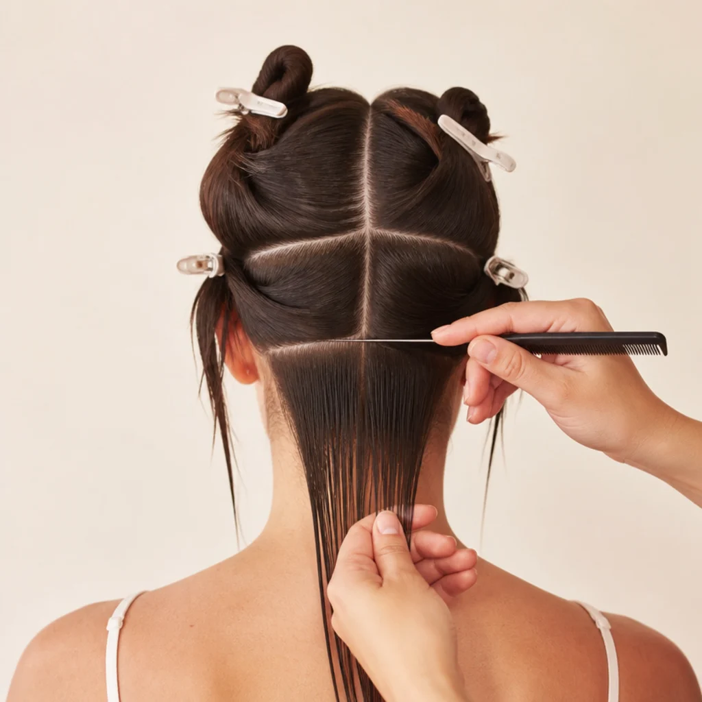 Brunette hair divided into four neat clipped quadrants with a rat-tail comb