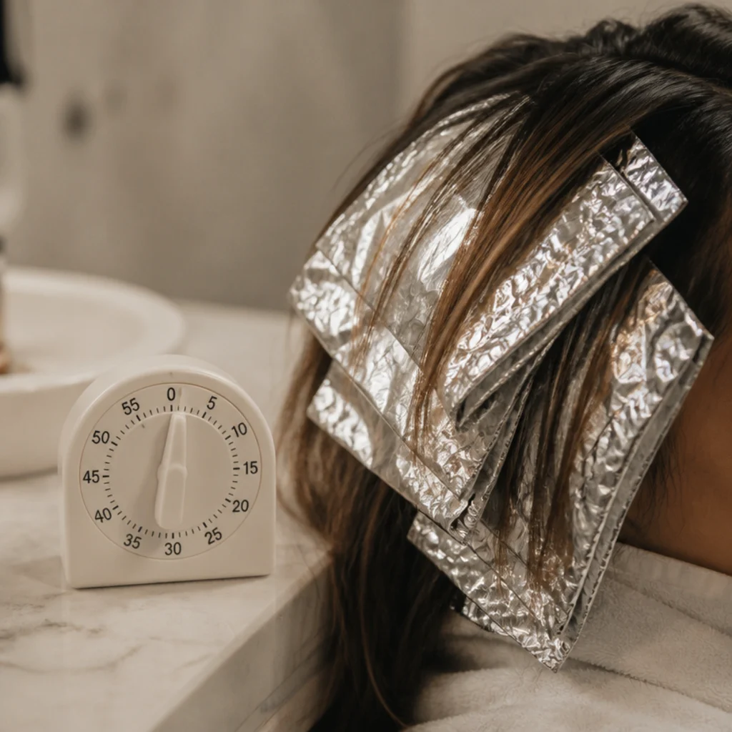 Timer beside foiled brunette sections processing under soft bathroom light