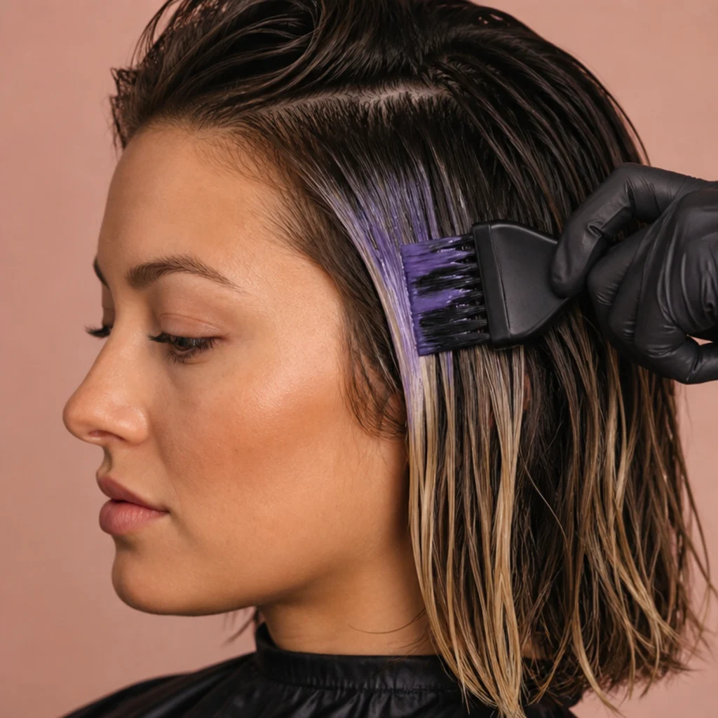 Purple-blue toner applied to freshly lightened brunette to neutralize orange tones