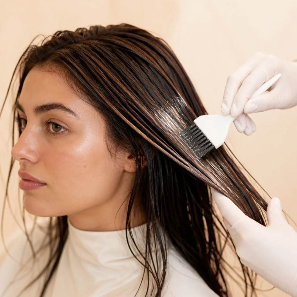 Glossy demi-permanent glaze being applied to blend brunette highlights and lowlights