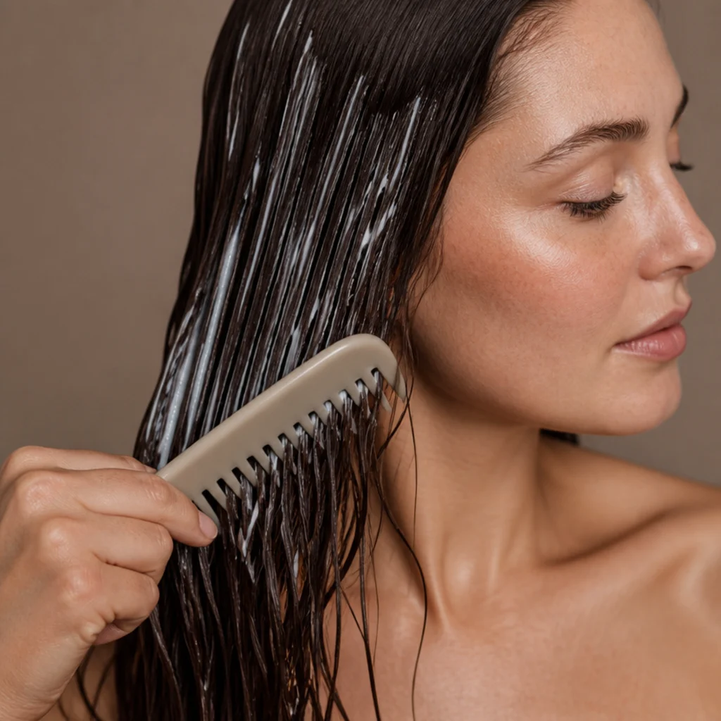 Rich hair mask smoothed through wet brunette lengths with a wide-tooth comb